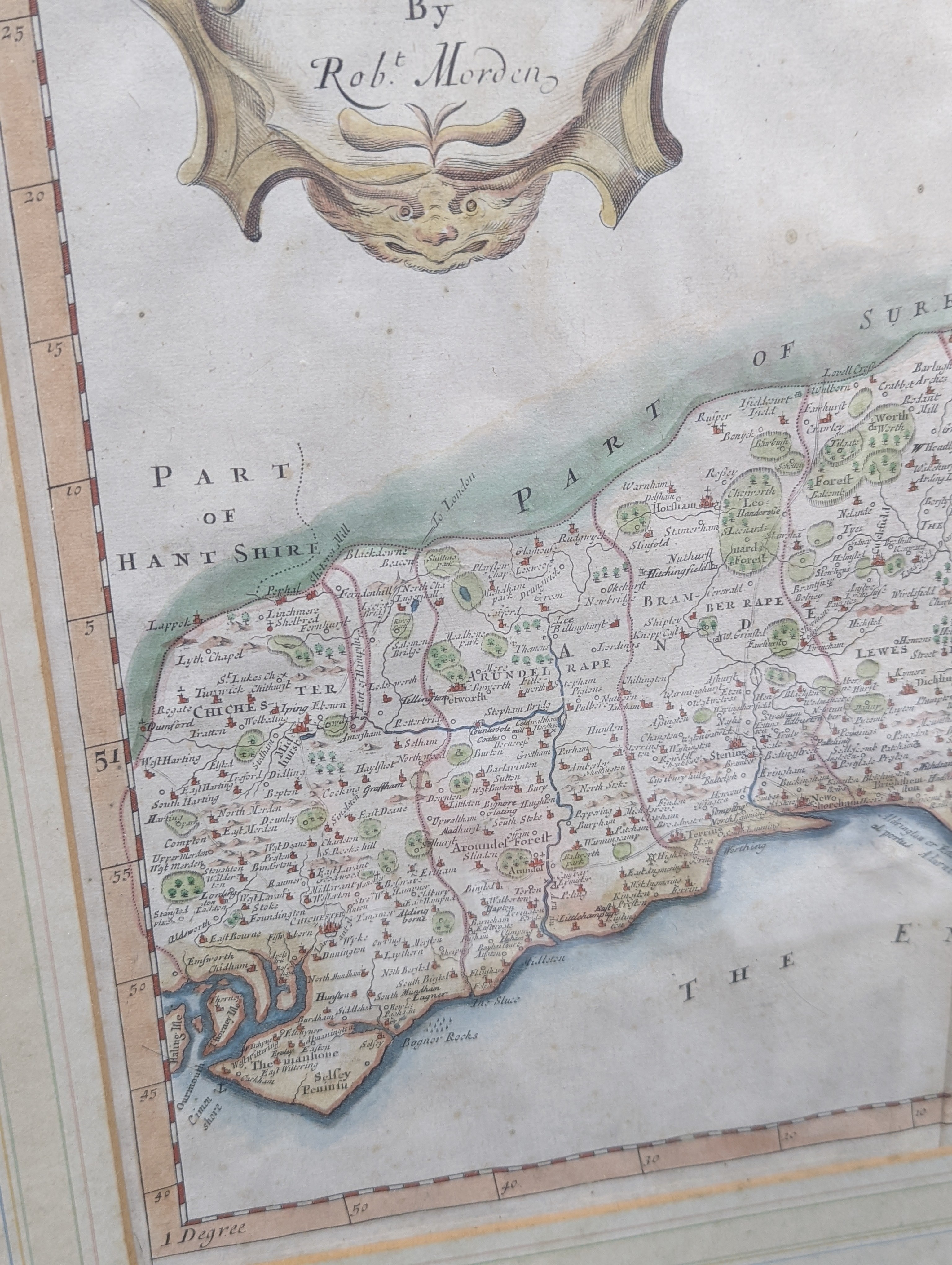 Robert Morden, coloured engraving, Map of Sussex, 35 x 42cm.